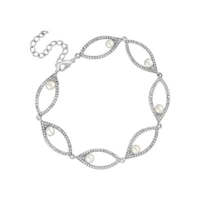 Silver pave open navette pearl bracelet